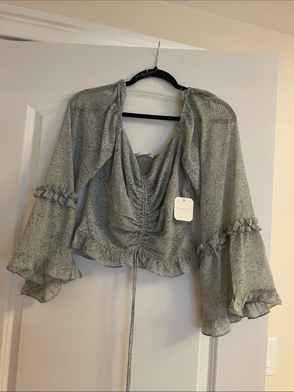 Altar'd State Light Sage Floral Ruched Peasant Blouse